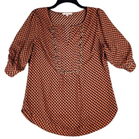 41 Hawthorn Orange Navy Geometric Print 3/4 Puff Sleeve Bronze Studs Medium Top - Picture 1 of 16